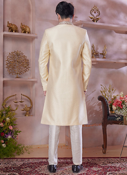 Jaquard Banarasi Silk Golden Wedding Wear Embroidery Work Readymade Sherwani 373771