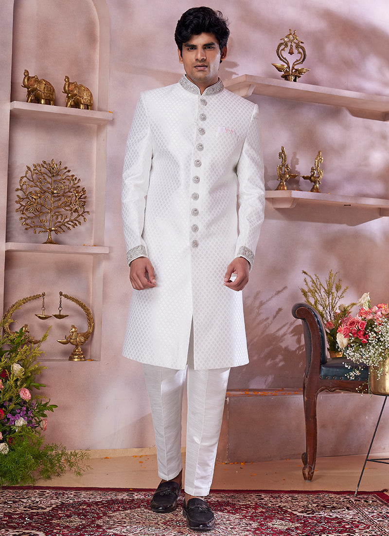 Jaquard Banarasi Silk Off White Wedding Wear Embroidery Work Readymade Sherwani 373772