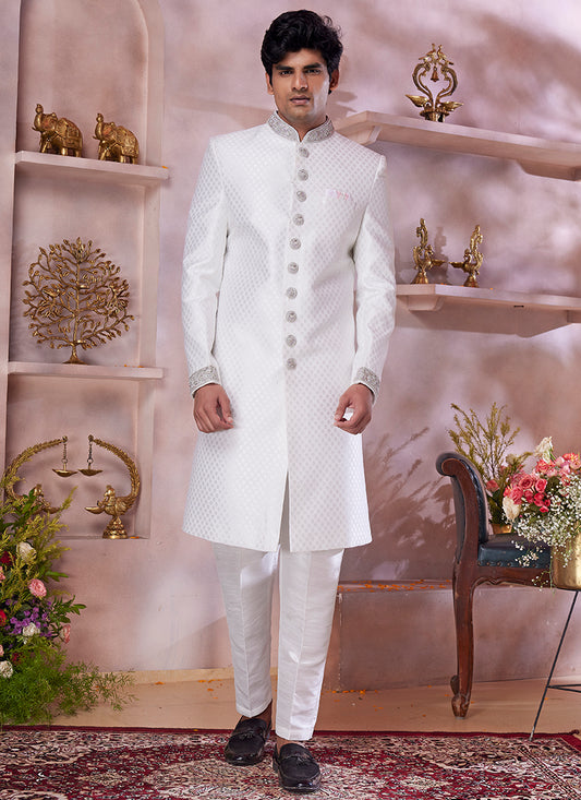 Jaquard Banarasi Silk Off White Wedding Wear Embroidery Work Readymade Sherwani 373772