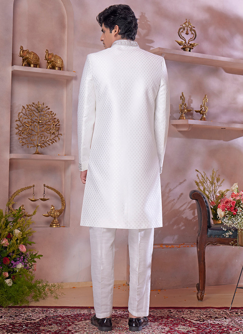 Jaquard Banarasi Silk Off White Wedding Wear Embroidery Work Readymade Sherwani 373772