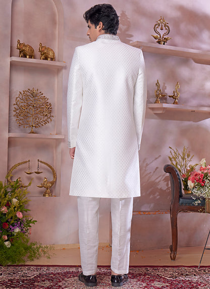 Jaquard Banarasi Silk Off White Wedding Wear Embroidery Work Readymade Sherwani 373772