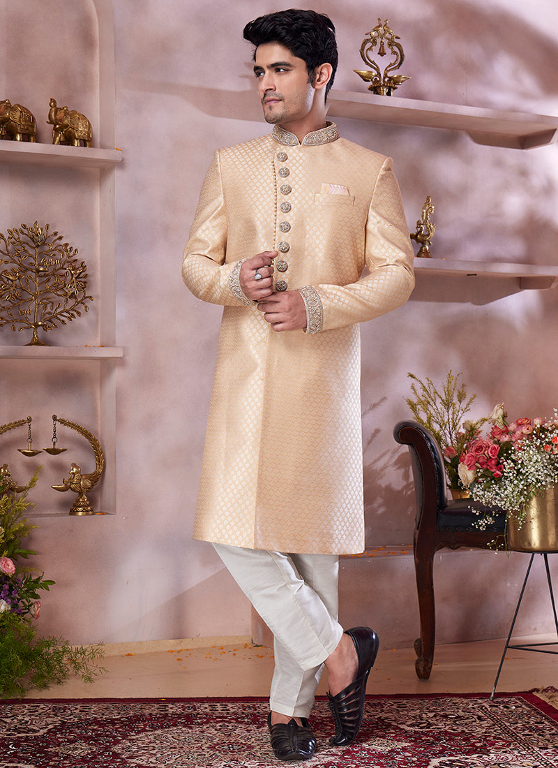 Jaquard Banarasi Silk Dark Gold Wedding Wear Embroidery Work Readymade Sherwani 373773
