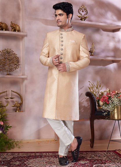 Jaquard Banarasi Silk Dark Gold Wedding Wear Embroidery Work Readymade Sherwani 373773