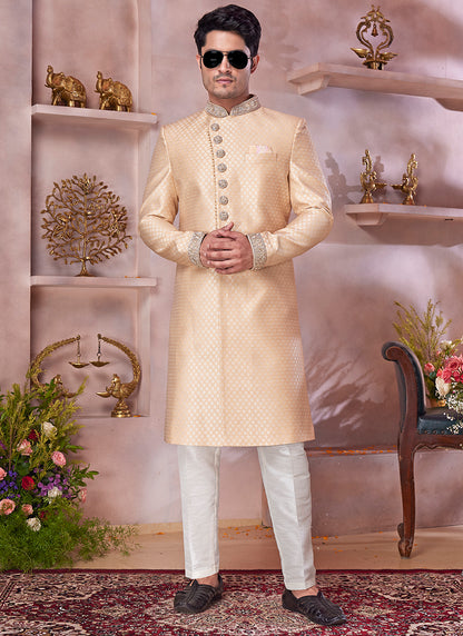 Jaquard Banarasi Silk Dark Gold Wedding Wear Embroidery Work Readymade Sherwani 373773