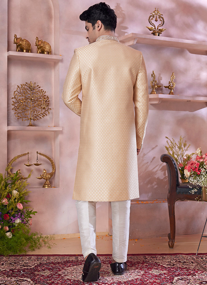 Jaquard Banarasi Silk Dark Gold Wedding Wear Embroidery Work Readymade Sherwani 373773