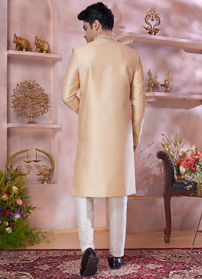 Jaquard Banarasi Silk Dark Gold Wedding Wear Embroidery Work Readymade Sherwani 373773