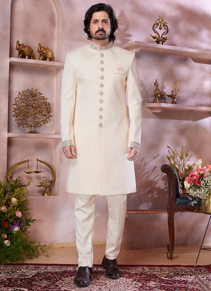 Jaquard Banarasi Silk Cream Wedding Wear Embroidery Work Readymade Sherwani 373774