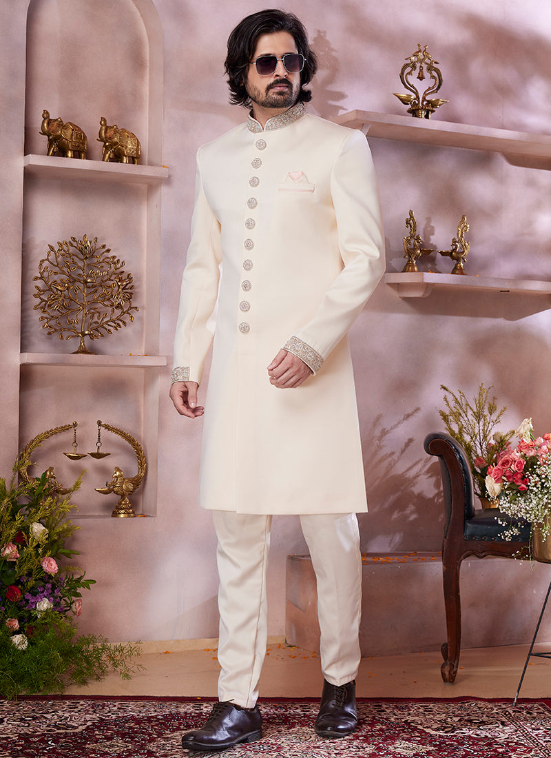 Jaquard Banarasi Silk Cream Wedding Wear Embroidery Work Readymade Sherwani 373774