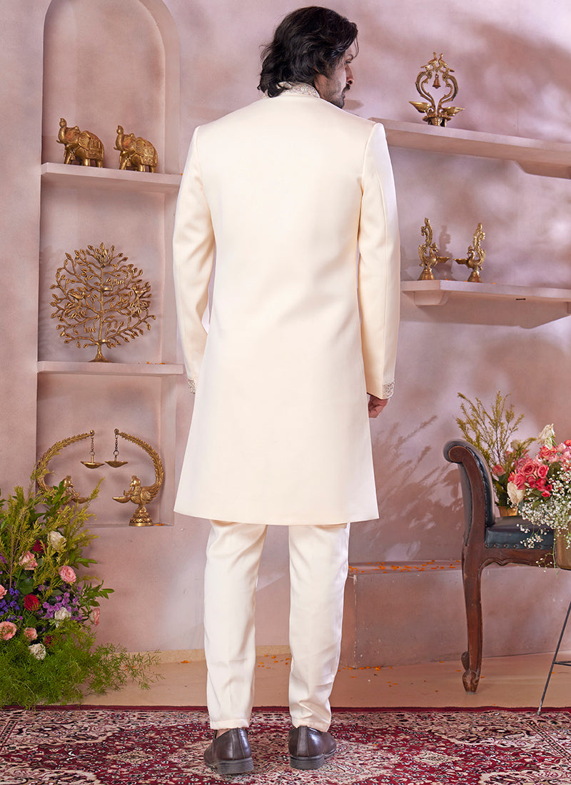 Jaquard Banarasi Silk Cream Wedding Wear Embroidery Work Readymade Sherwani 373774