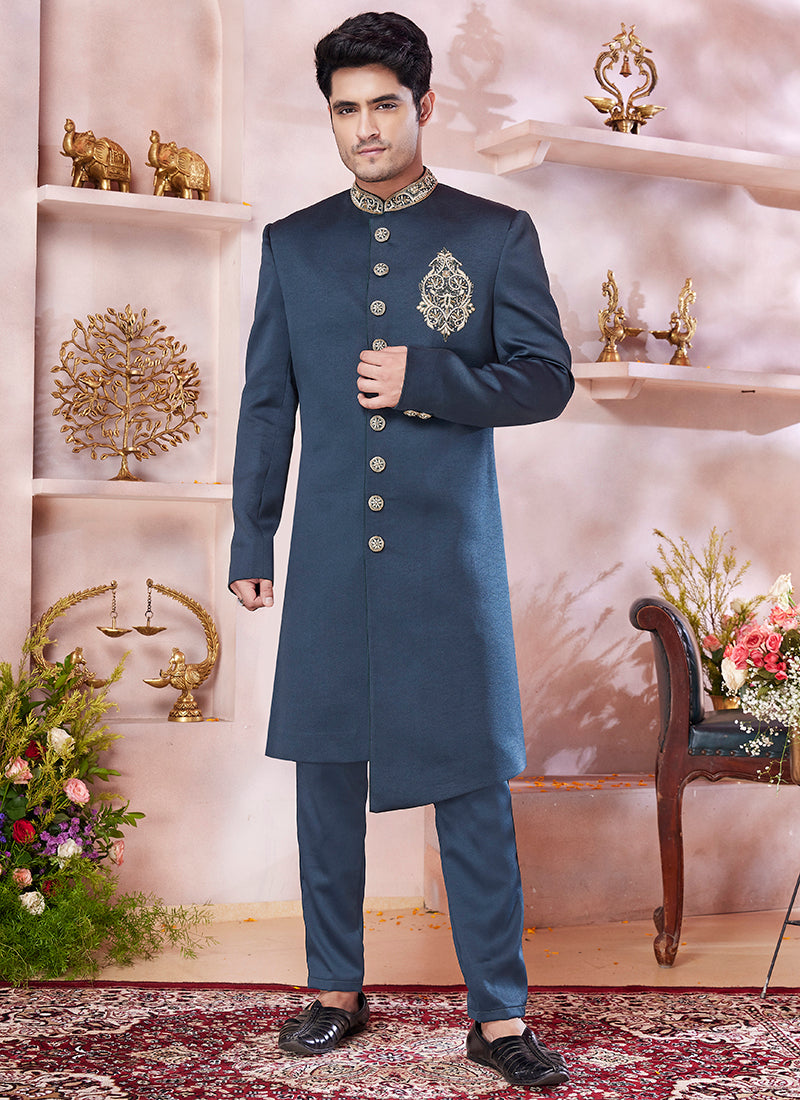 Jaquard Banarasi Silk Green Wedding Wear Embroidery Work Readymade Sherwani 373775