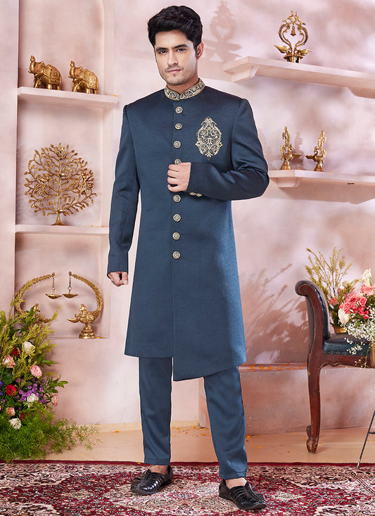 Jaquard Banarasi Silk Green Wedding Wear Embroidery Work Readymade Sherwani 373775