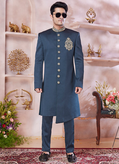 Jaquard Banarasi Silk Green Wedding Wear Embroidery Work Readymade Sherwani 373775