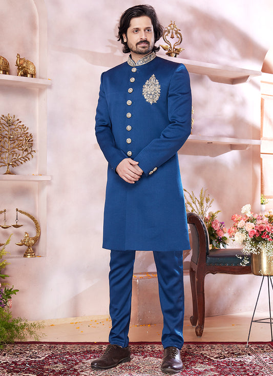 Jaquard Banarasi Silk Blue Wedding Wear Embroidery Work Readymade Sherwani 373776