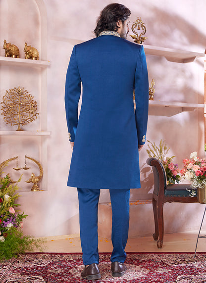 Jaquard Banarasi Silk Blue Wedding Wear Embroidery Work Readymade Sherwani 373776