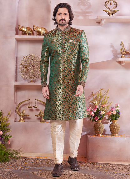 Readymade Jaquard Banarasi Silk Green Sherwani with Embroidery Work for Wedding Wear