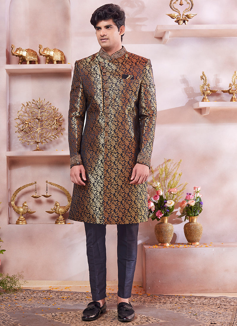 Readymade Jaquard Banarasi Silk Black Sherwani with Embroidery Work for Wedding Wear