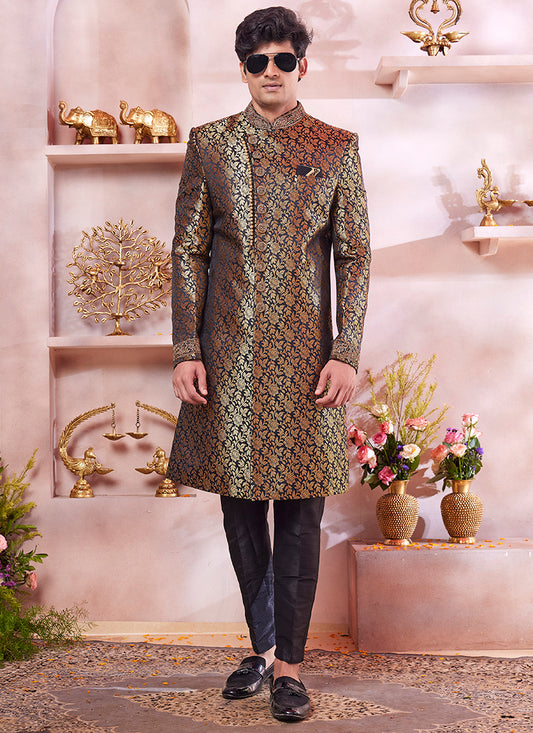 Readymade Jaquard Banarasi Silk Black Sherwani with Embroidery Work for Wedding Wear