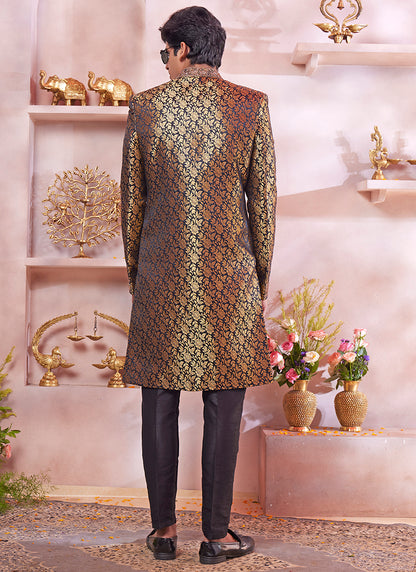 Readymade Jaquard Banarasi Silk Black Sherwani with Embroidery Work for Wedding Wear