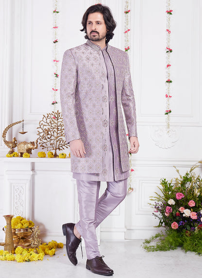 Readymade Art Silk Dark Onion Sherwani With Jacket and Computer Thread Work for Party Wear