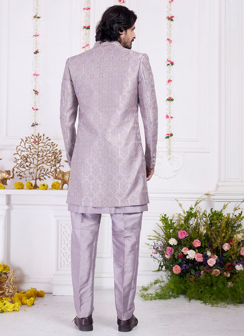Readymade Art Silk Dark Onion Sherwani With Jacket and Computer Thread Work for Party Wear