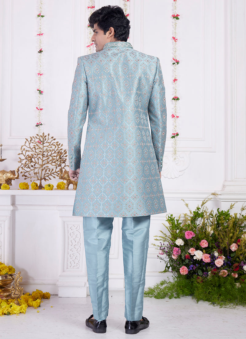 Readymade Art Silk Cyan Sherwani with Jacket and Computer Thread Work for Party Wear