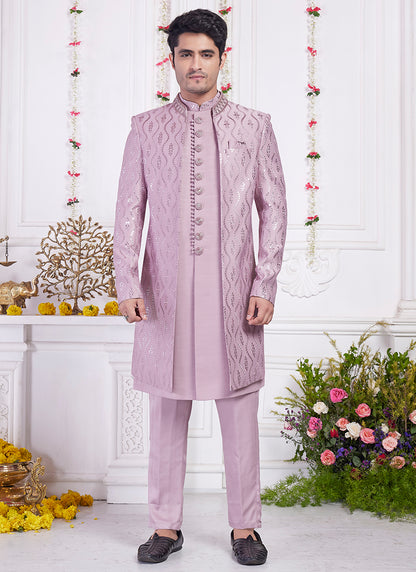 Readymade Art Silk Onion Sherwani with Jacket and Computer Thread Work for Party Wear