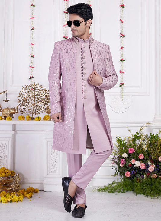 Readymade Art Silk Onion Sherwani with Jacket and Computer Thread Work for Party Wear