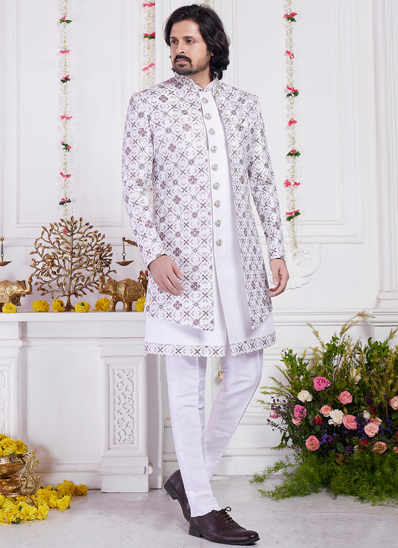 Readymade Art Silk Cream Sherwani with Jacket and Computer Thread Work for Party Wear