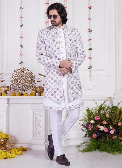 Readymade Art Silk Cream Sherwani with Jacket and Computer Thread Work for Party Wear
