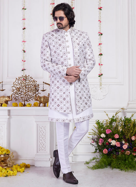 Readymade Art Silk Cream Sherwani with Jacket and Computer Thread Work for Party Wear