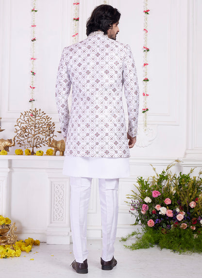 Readymade Art Silk Cream Sherwani with Jacket and Computer Thread Work for Party Wear