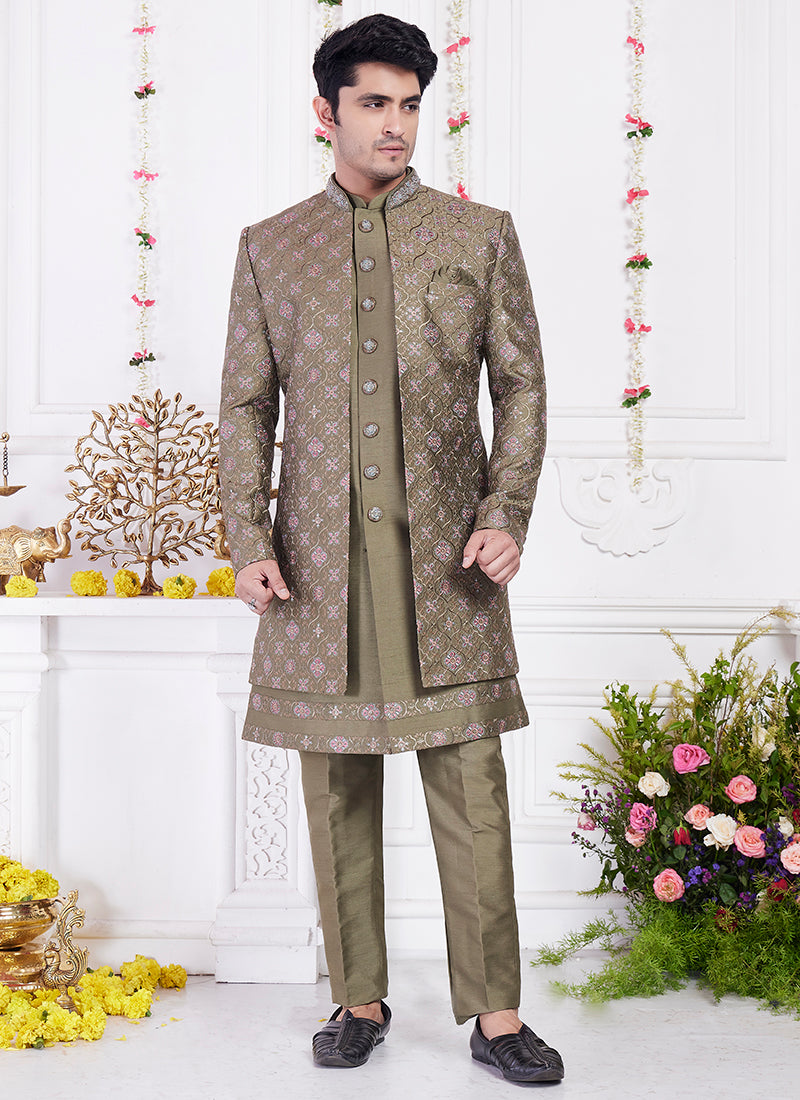 Readymade Art Silk Green Sherwani with Jacket and Computer Thread Work for Party Wear