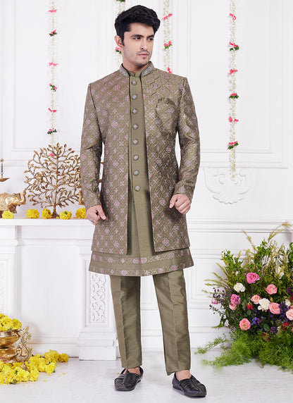 Readymade Art Silk Green Sherwani with Jacket and Computer Thread Work for Party Wear