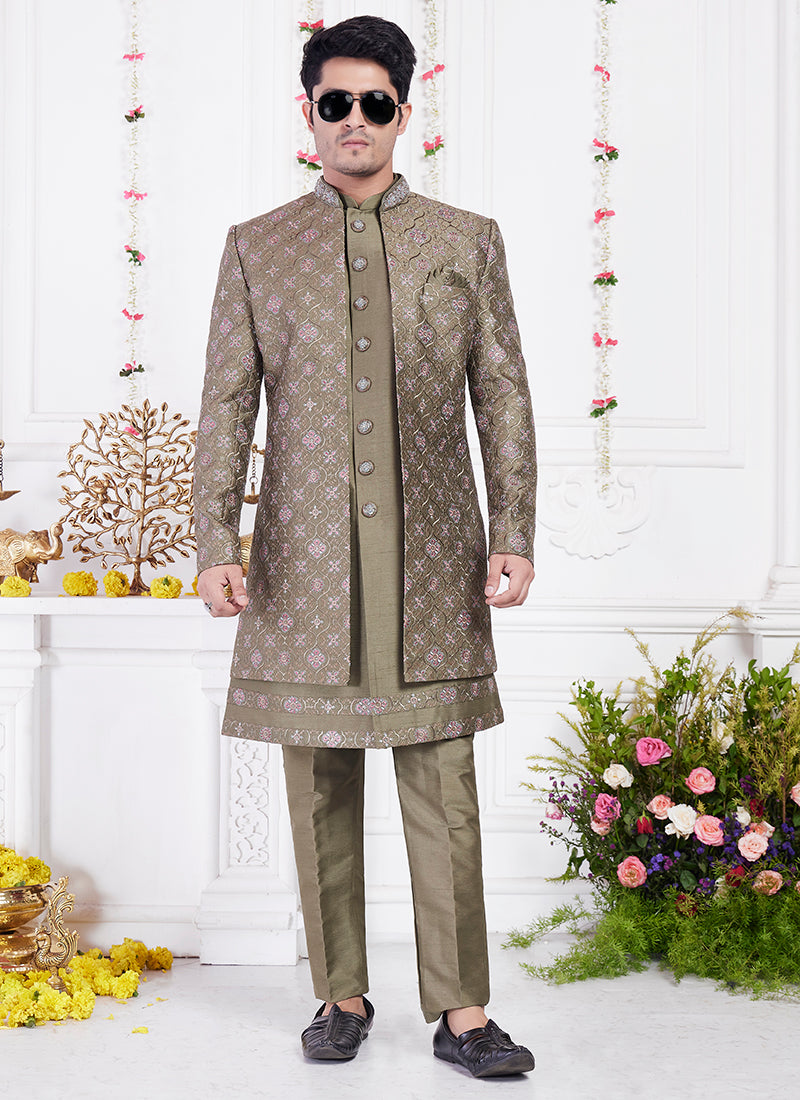 Readymade Art Silk Green Sherwani with Jacket and Computer Thread Work for Party Wear