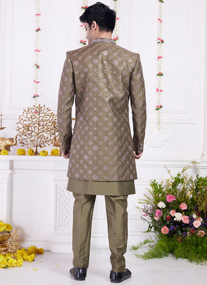 Readymade Art Silk Green Sherwani with Jacket and Computer Thread Work for Party Wear