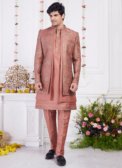 Readymade Art Silk Rust Sherwani with Jacket and Computer Thread Work for Party Wear