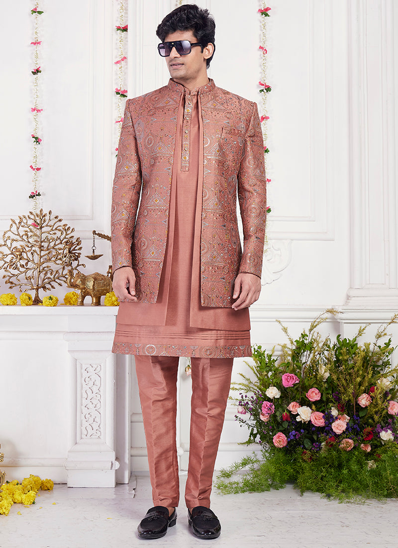 Readymade Art Silk Rust Sherwani with Jacket and Computer Thread Work for Party Wear