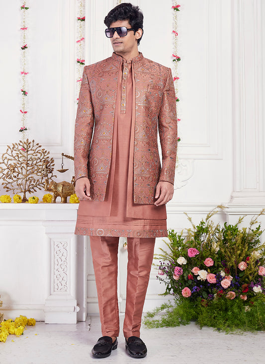 Readymade Art Silk Rust Sherwani with Jacket and Computer Thread Work for Party Wear