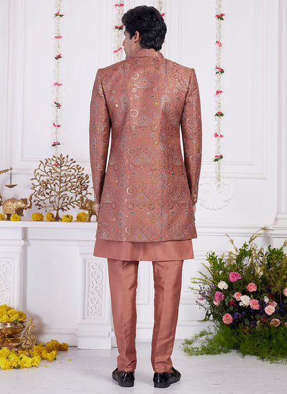 Readymade Art Silk Rust Sherwani with Jacket and Computer Thread Work for Party Wear