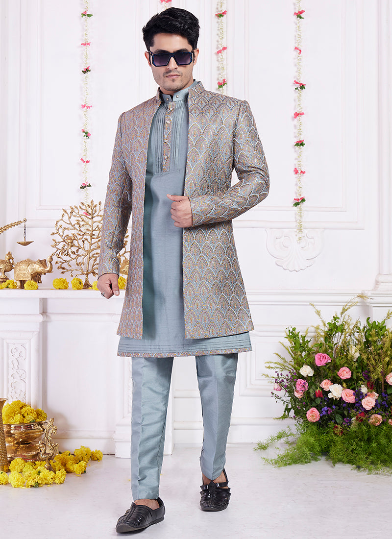 Readymade Art Silk Dark Blue Sherwani with Jacket and Computer Thread Work for Party Wear