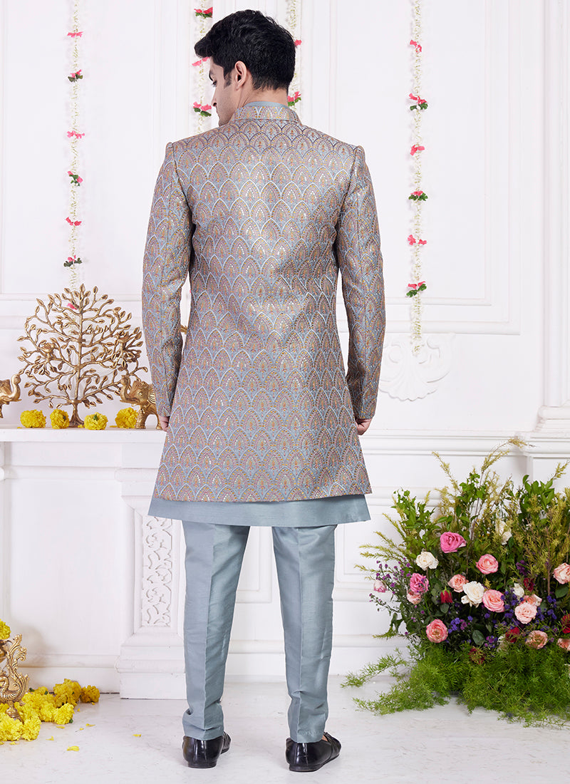 Readymade Art Silk Dark Blue Sherwani with Jacket and Computer Thread Work for Party Wear