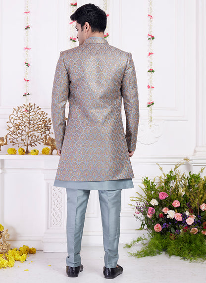 Readymade Art Silk Dark Blue Sherwani with Jacket and Computer Thread Work for Party Wear