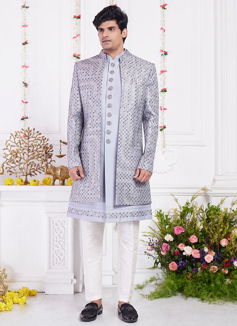 Readymade Art Silk Gray Sherwani with Jacket and Computer Thread Work for Party Wear