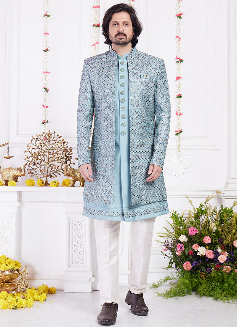 Readymade Art Silk Blue Sherwani with Jacket and Computer Thread Work for Party Wear