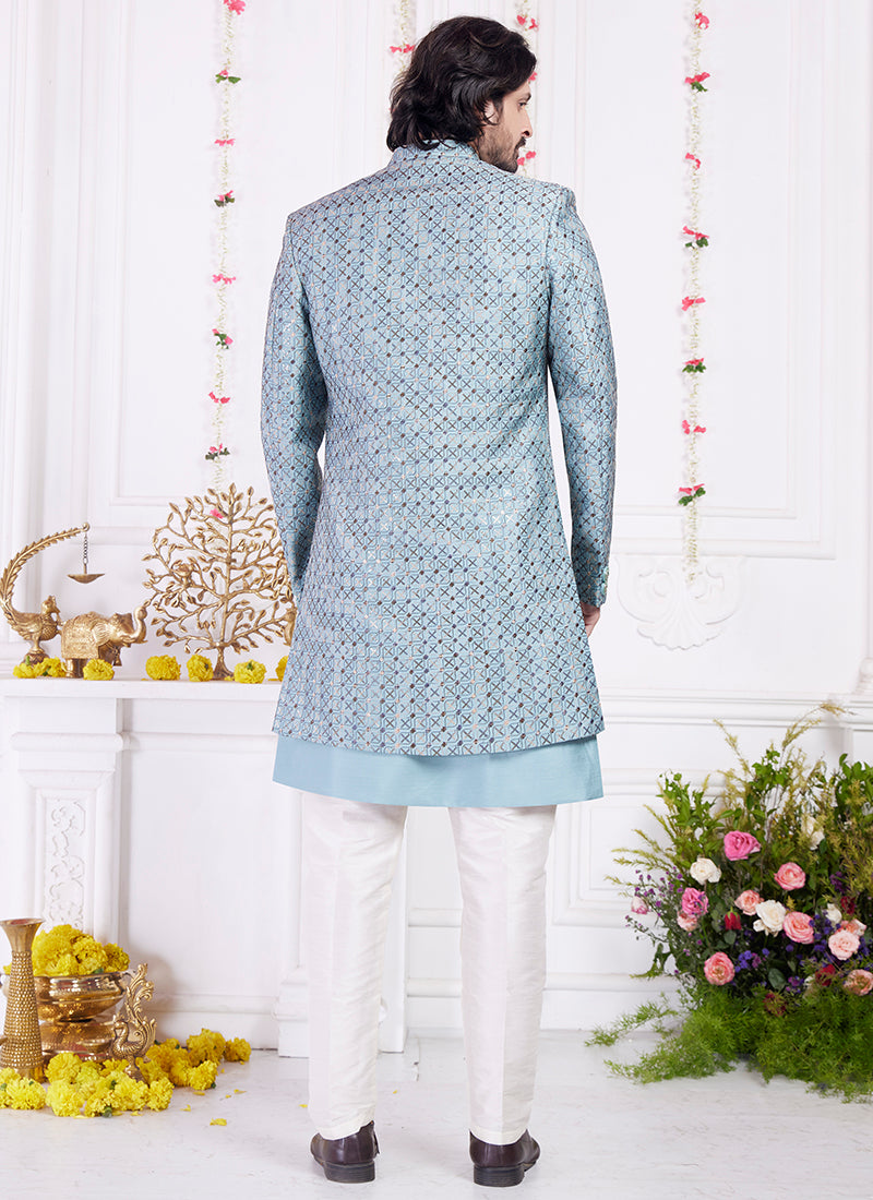 Readymade Art Silk Blue Sherwani with Jacket and Computer Thread Work for Party Wear