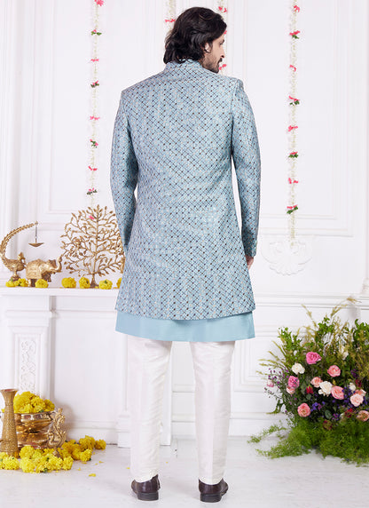 Readymade Art Silk Blue Sherwani with Jacket and Computer Thread Work for Party Wear