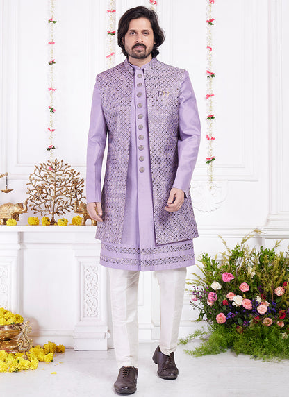 Readymade Art Silk Purple Sherwani with Jacket and Computer Thread Work for Party Wear