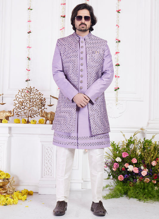 Readymade Art Silk Purple Sherwani with Jacket and Computer Thread Work for Party Wear