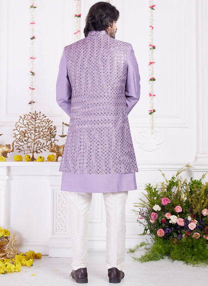 Readymade Art Silk Purple Sherwani with Jacket and Computer Thread Work for Party Wear