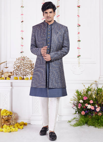 Readymade Art Silk Dark Gray Sherwani with Jacket and Computer Thread Work for Party Wear